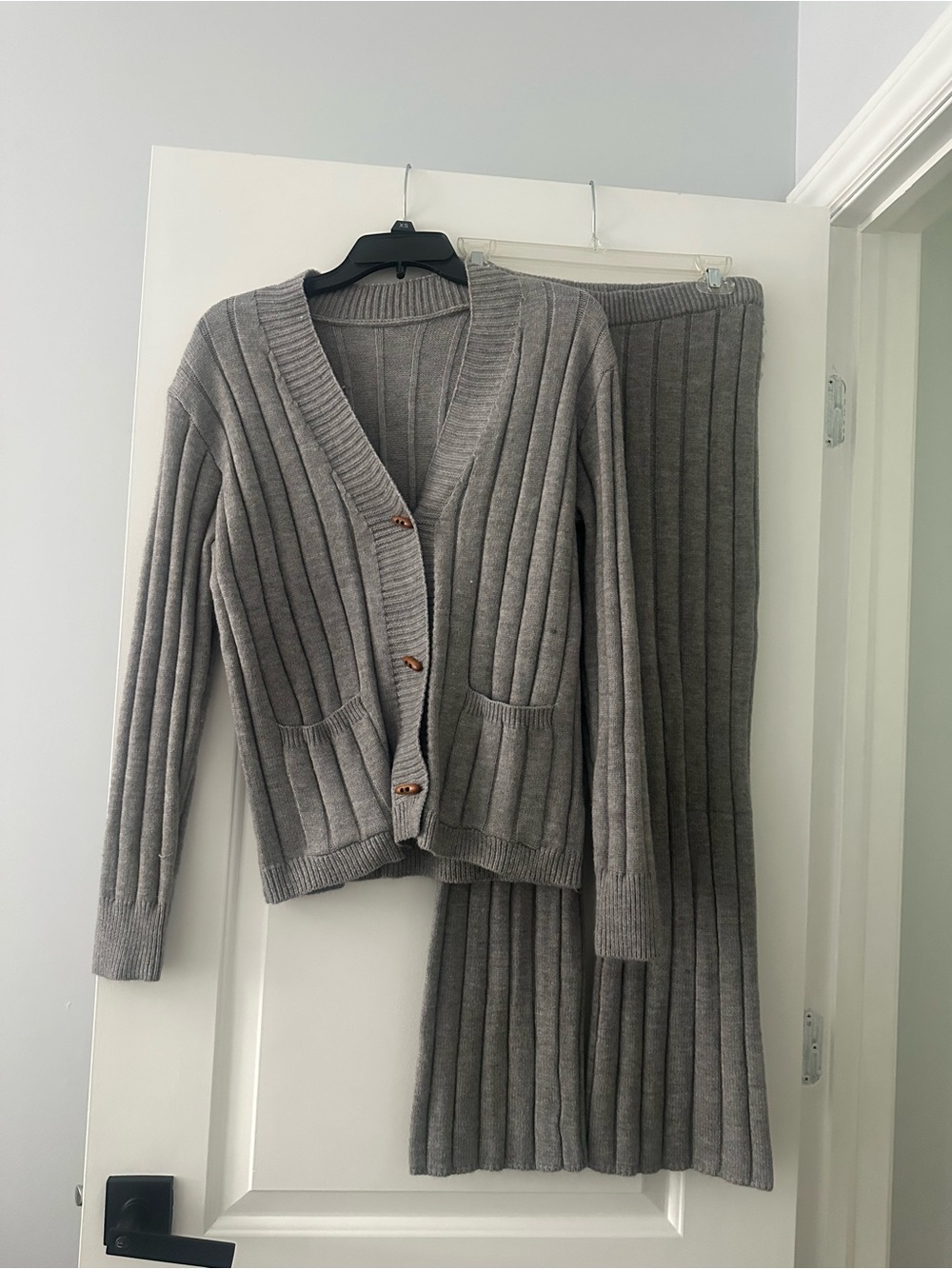 SHEIN Gray Ribbed Knit Cardigan & Skirt Set